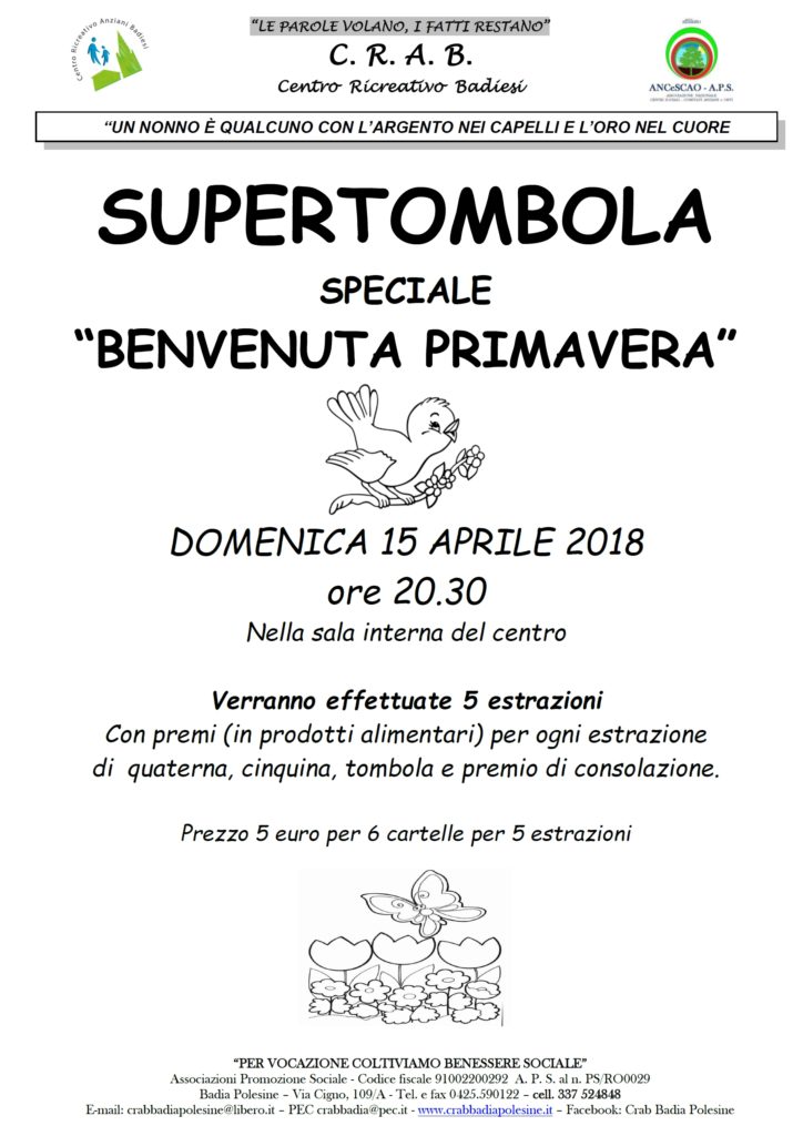 Domenica 15 Aprile - Speciale supertombola al Crab